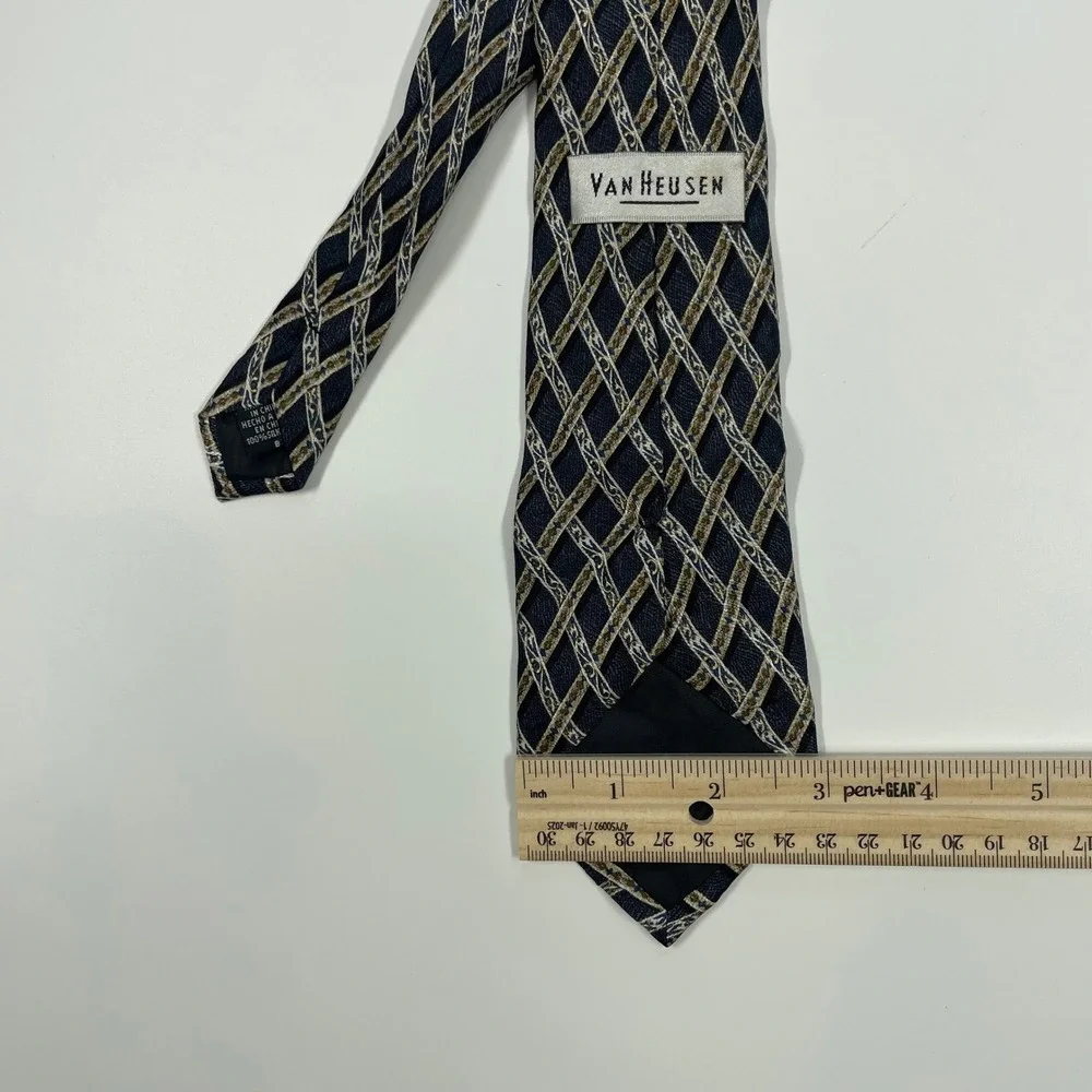 Van Heusen Navy Blue Gold Geometric Silk Necktie Mens One Size